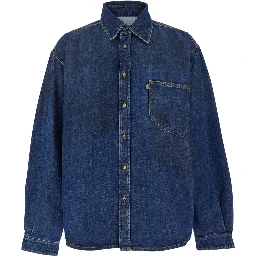 Blue Shirt with Pointed Collar and Logo Patch on the Front in Denim Man