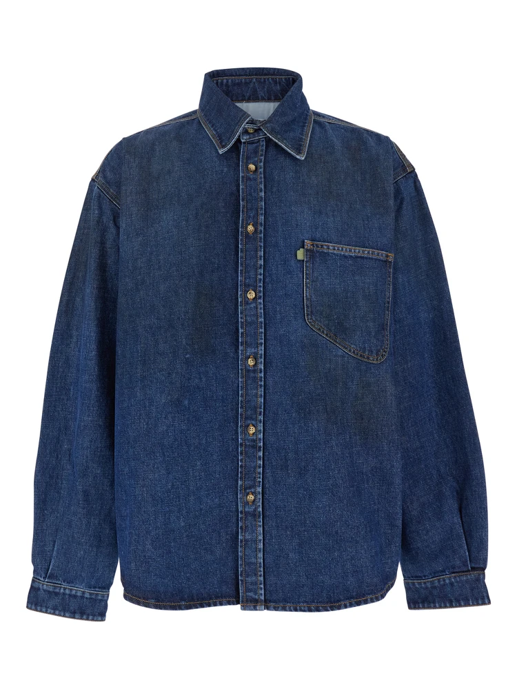 Blue Shirt with Pointed Collar and Logo Patch on the Front in Denim Man