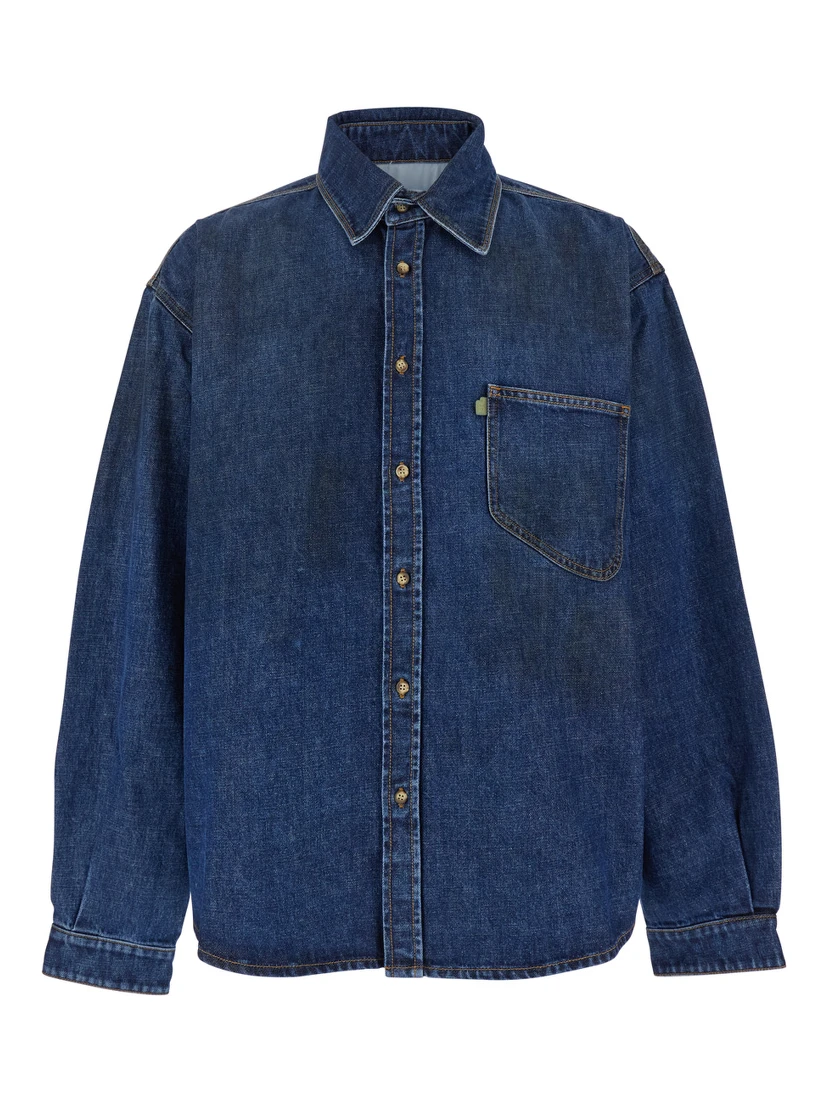 Blue Shirt with Pointed Collar and Logo Patch on the Front in Denim Man