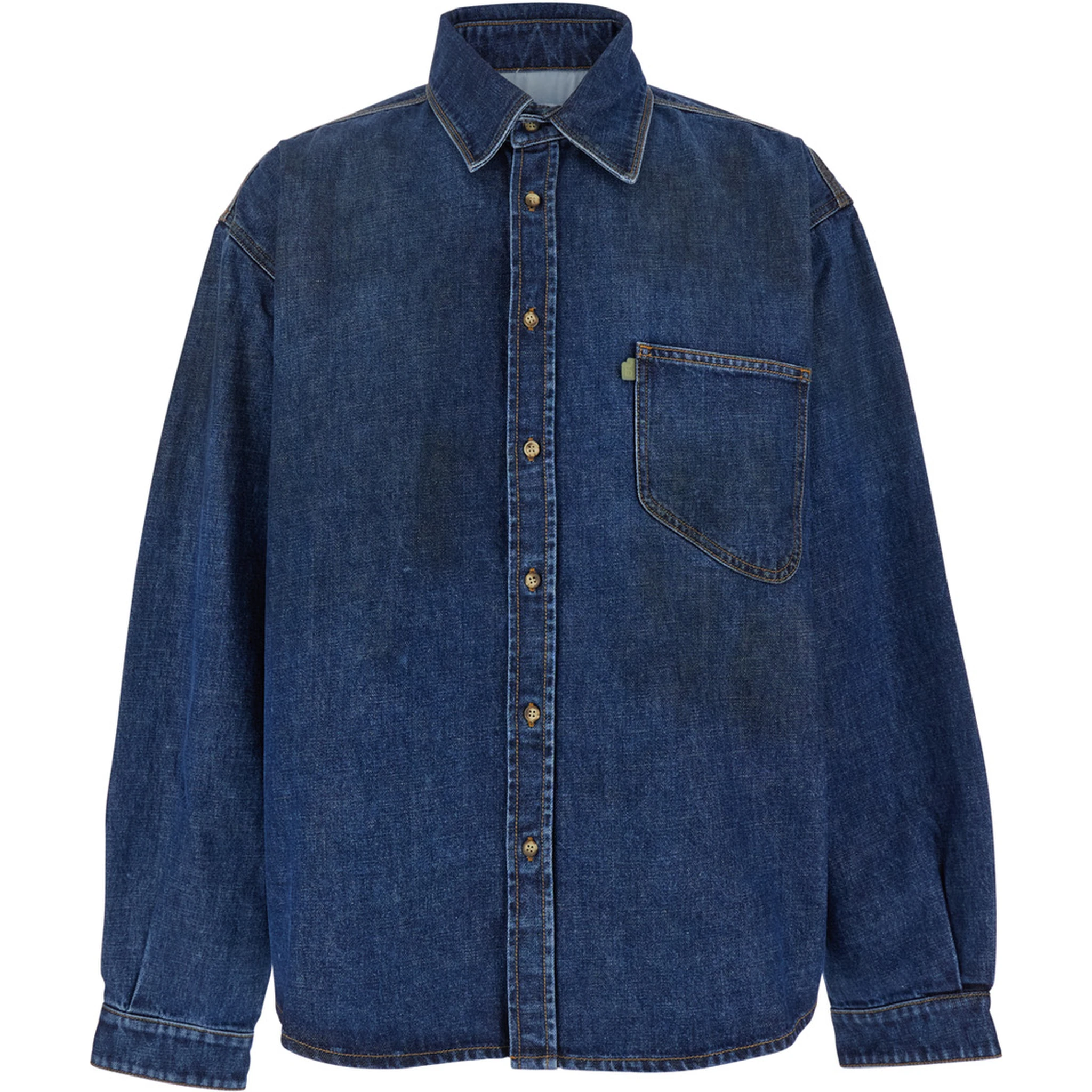 Blue Shirt with Pointed Collar and Logo Patch on the Front in Denim Man