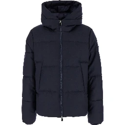 Antoldo Blue Down Jacket with Hood and Logo Patch in Wool Man