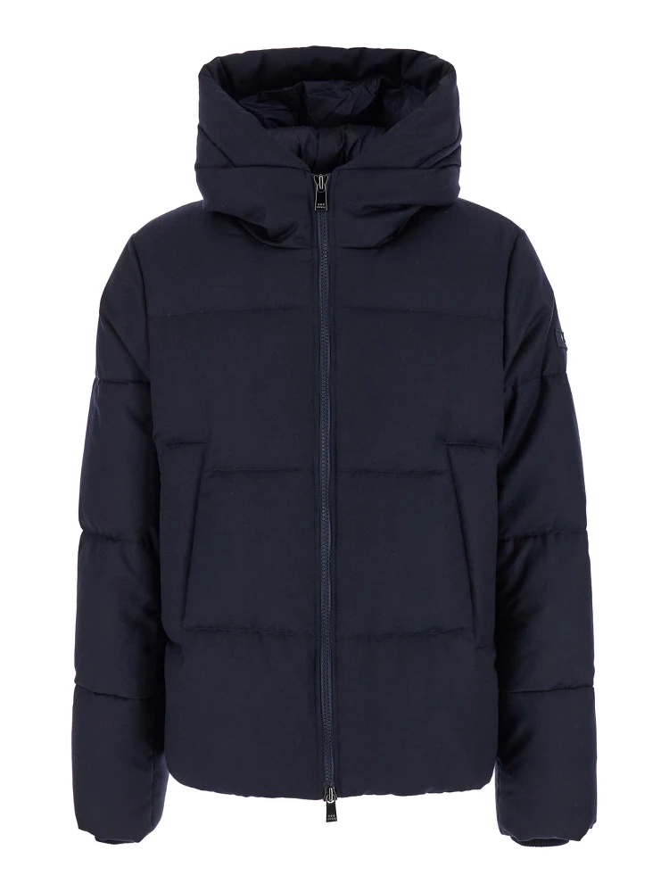 Antoldo Blue Down Jacket with Hood and Logo Patch in Wool Man