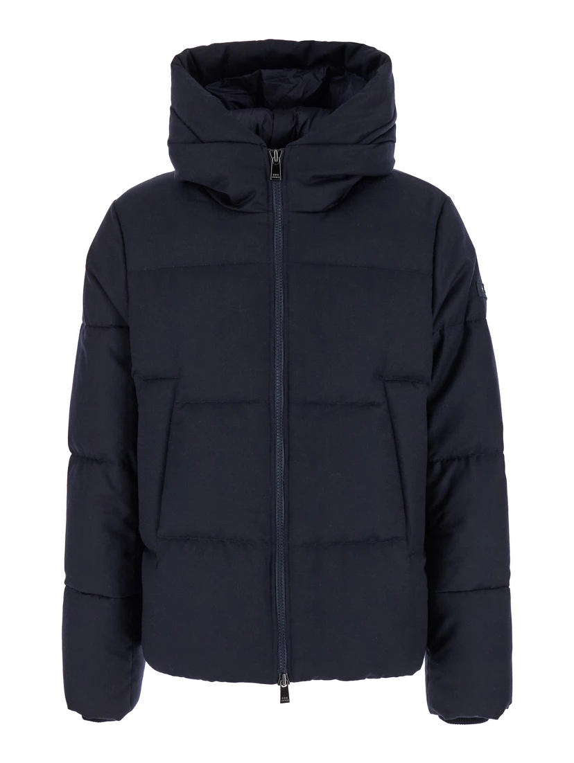 Antoldo Blue Down Jacket with Hood and Logo Patch in Wool Man