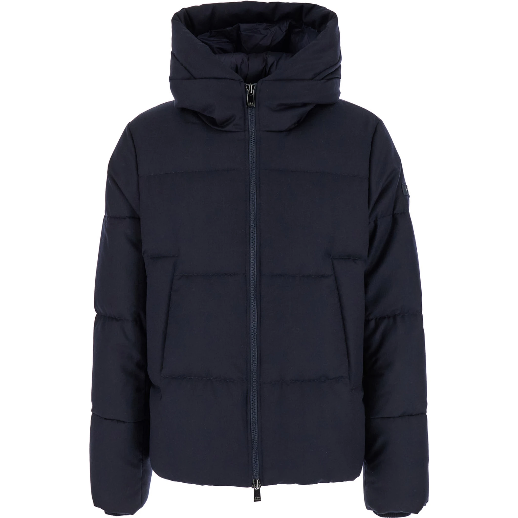 Antoldo Blue Down Jacket with Hood and Logo Patch in Wool Man
