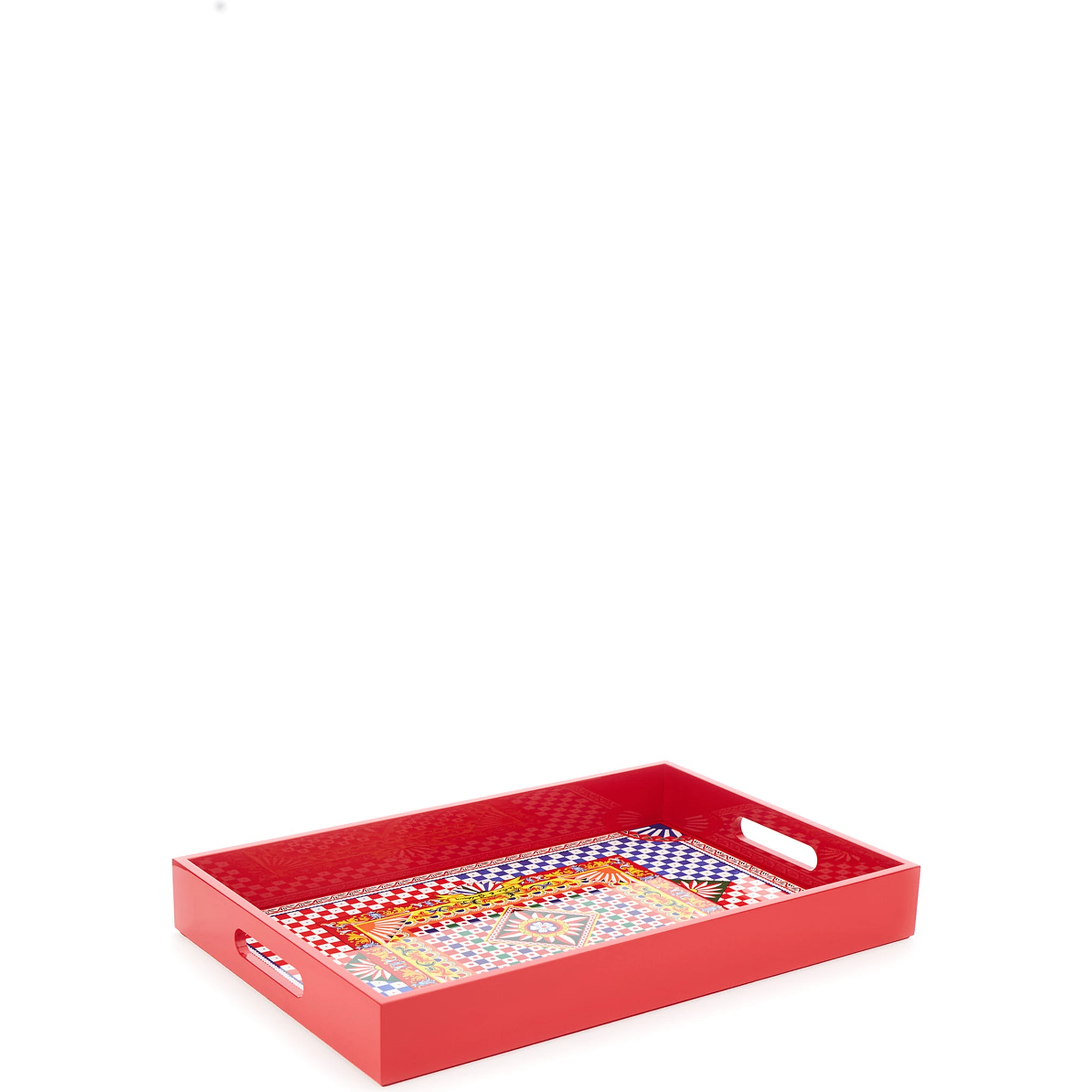 Multicolor Rectangular Tray with Carretto Siciliano Print in Lacquered Wood