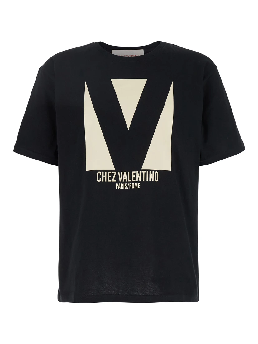 Chez Black Crewneck T-Shirt with Maxi Logo Print on the Front in Cotton Man