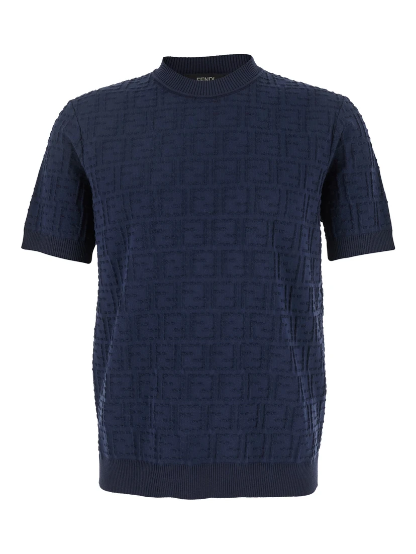 Blue Crewneck T-Shirt with All-Over FF Logo Embroidery in Cotton Man