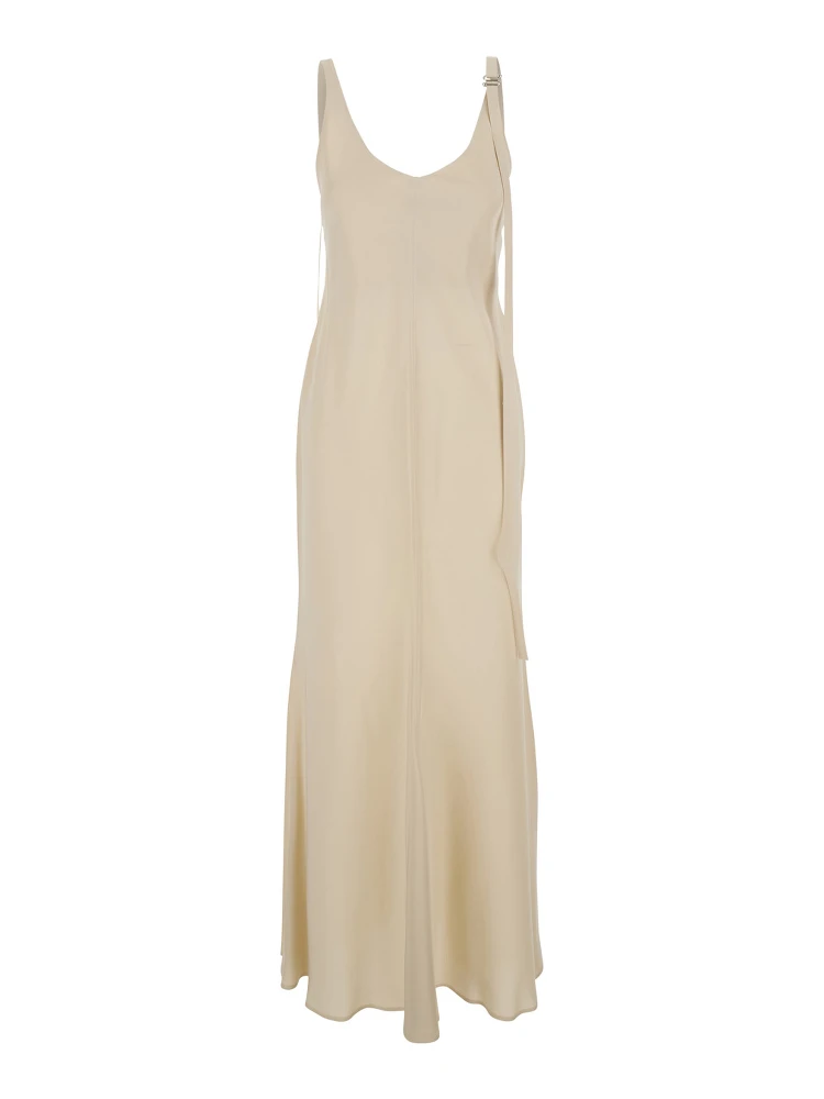 Unione Beige Long Dress with V-Neck and Adjustable Straps in Viscose Woman