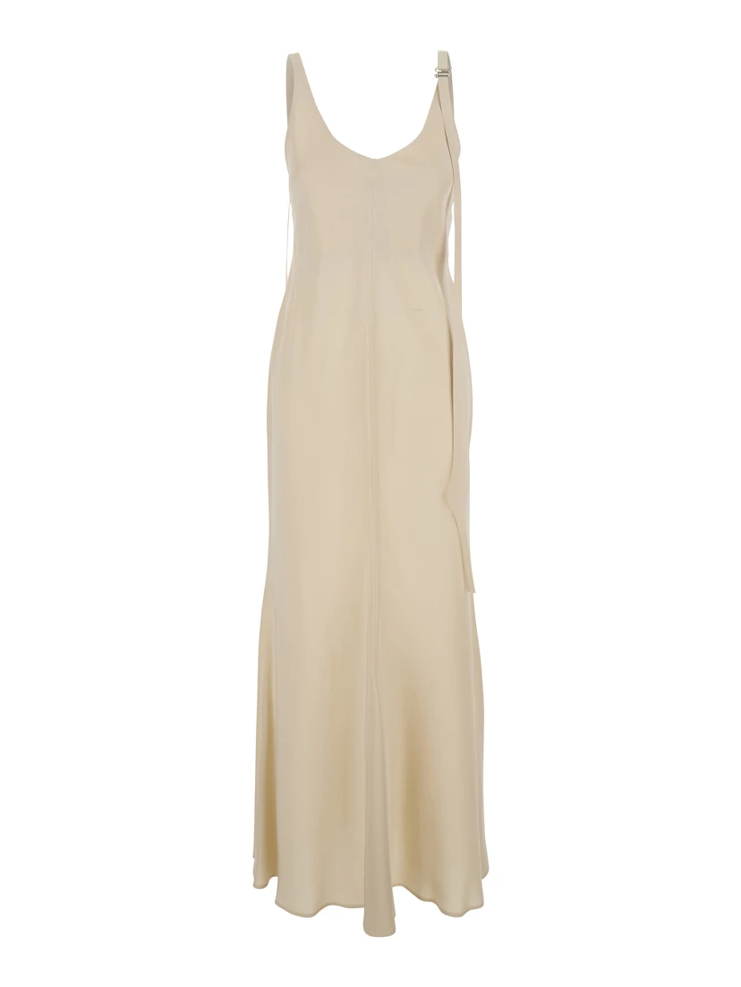 Unione Beige Long Dress with V-Neck and Adjustable Straps in Viscose Woman