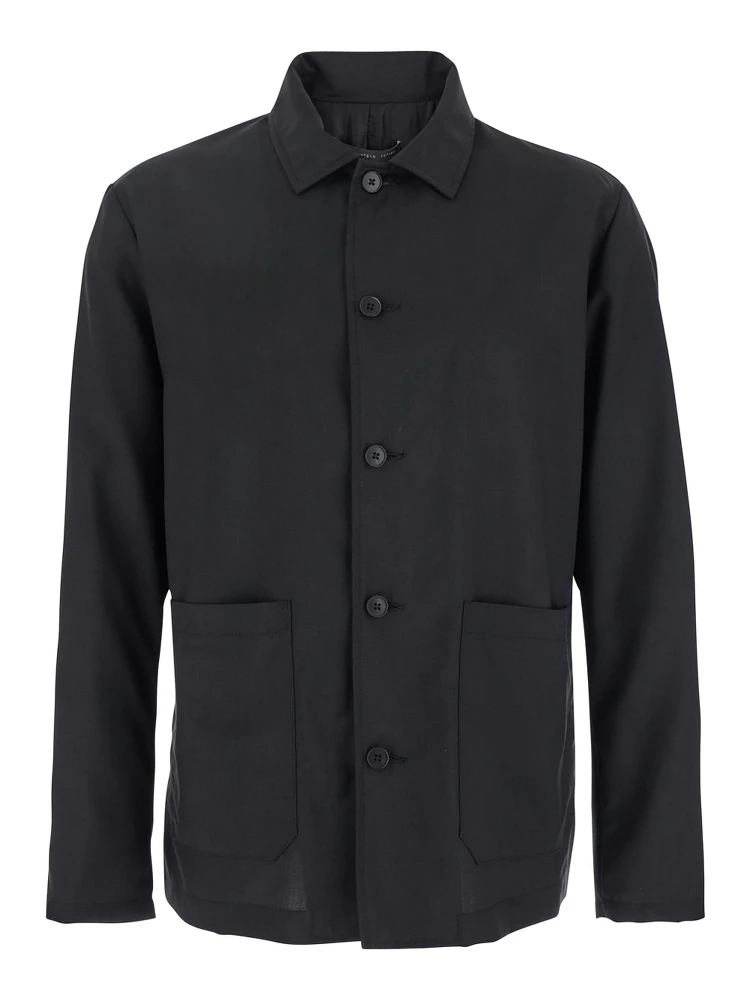 Black Jacket with Classic Collar and Patch Pockets on the Front in Wool Man