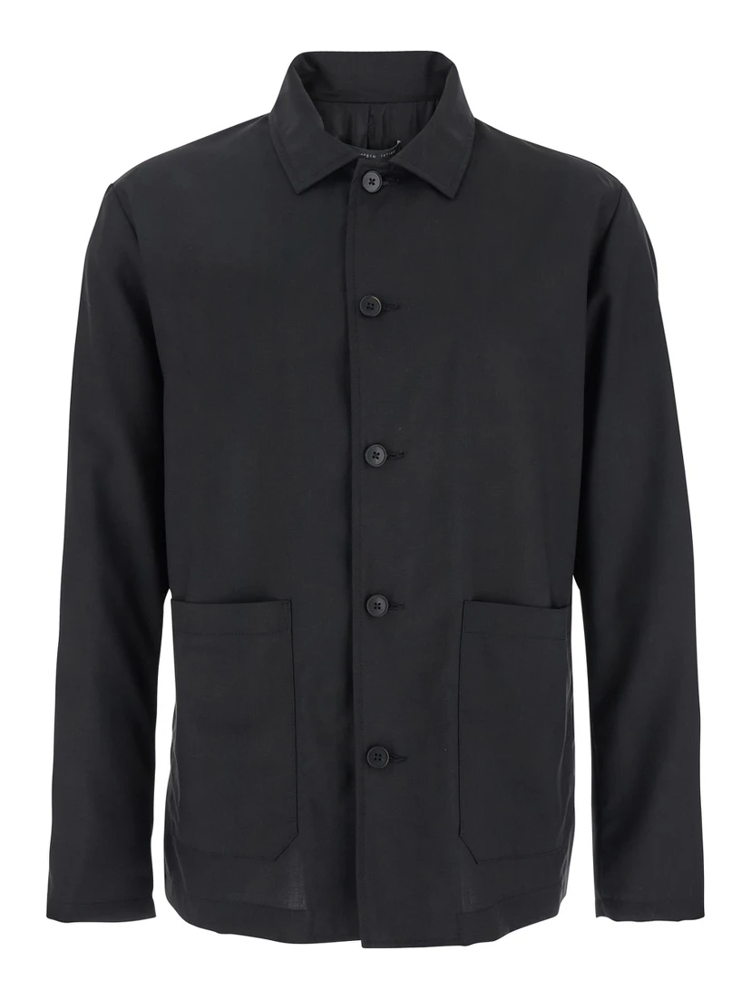 Black Jacket with Classic Collar and Patch Pockets on the Front in Wool Man