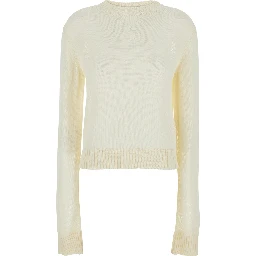 White Cropped Crewneck Sweater with Tonal Logo Embroidery in Cotton Woman