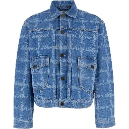 Marlene Blue Jacket with All-Over Printed Lettering Logo in Denim Man