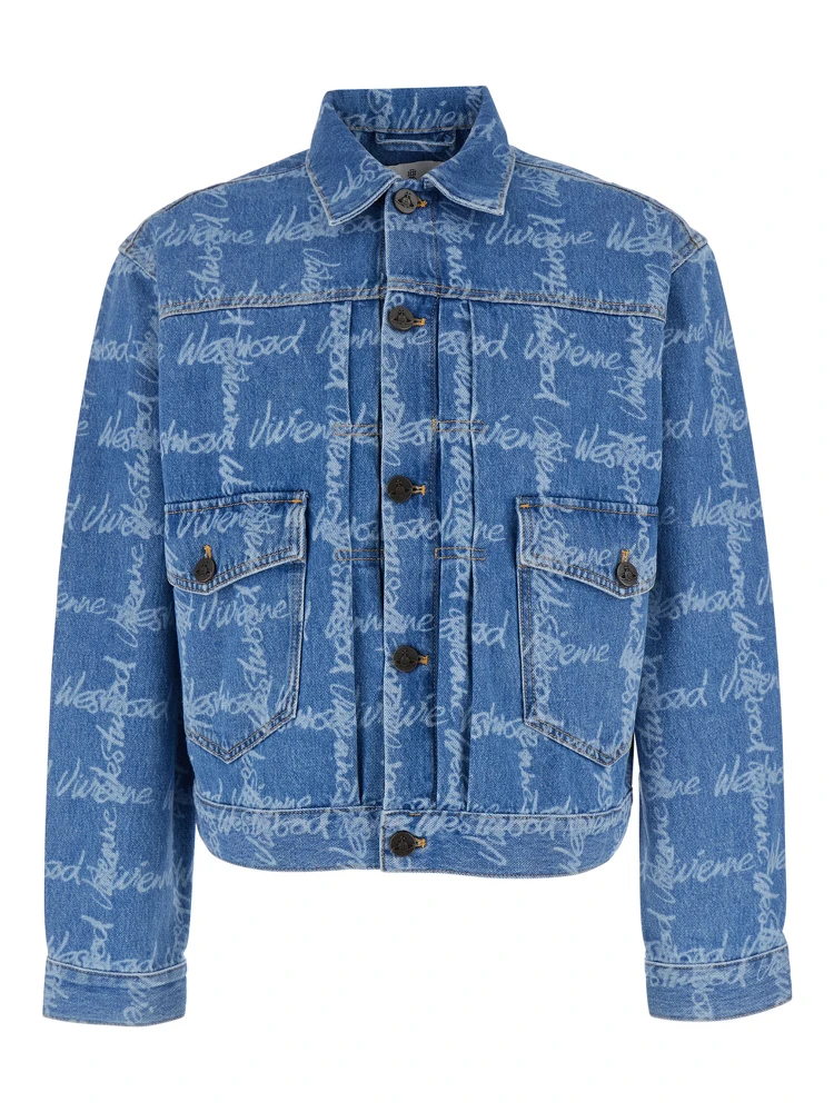 Marlene Blue Jacket with All-Over Printed Lettering Logo in Denim Man