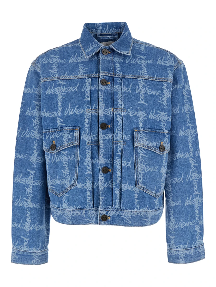 Marlene Blue Jacket with All-Over Printed Lettering Logo in Denim Man