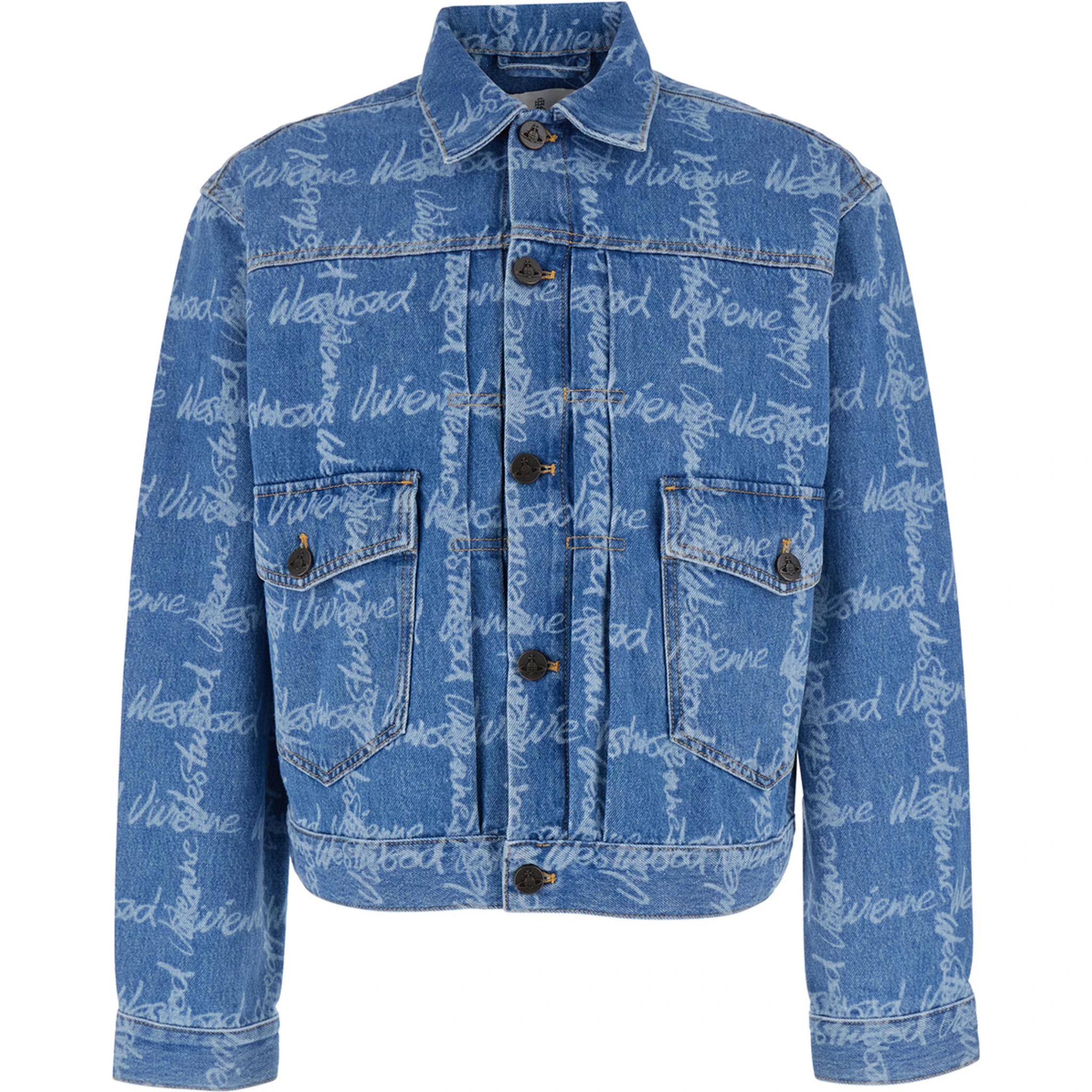 Marlene Blue Jacket with All-Over Printed Lettering Logo in Denim Man