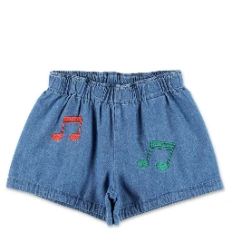 Blue Shorts with Elastic Waist and Music Notes Embroidery on the Front in Denim Girl