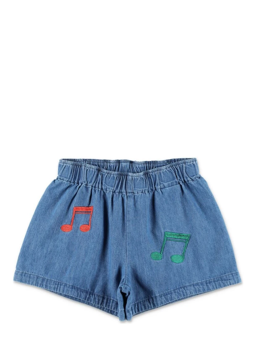 Blue Shorts with Elastic Waist and Music Notes Embroidery on the Front in Denim Girl
