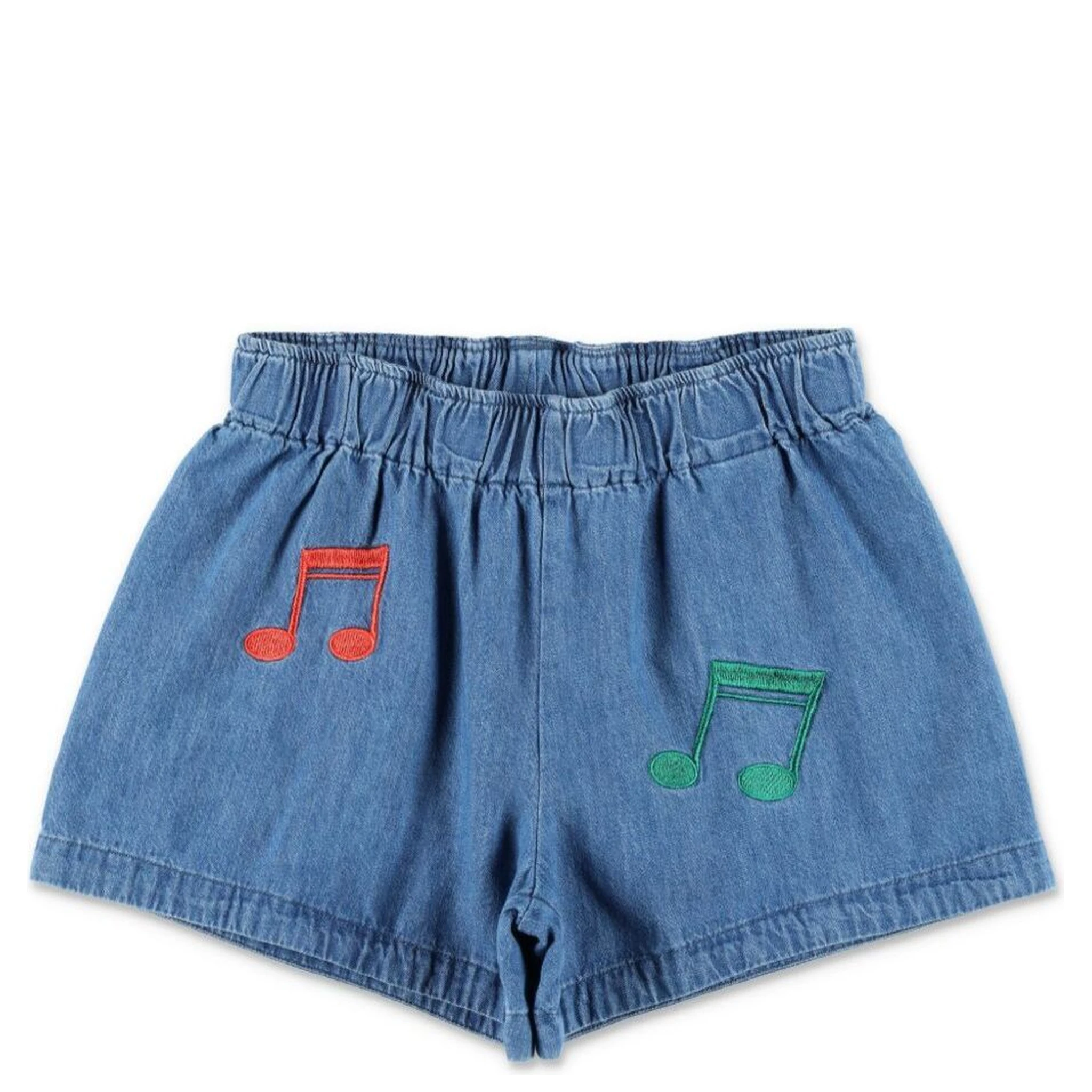Blue Shorts with Elastic Waist and Music Notes Embroidery on the Front in Denim Girl