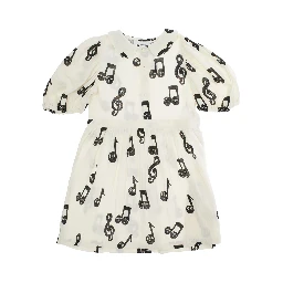 White Dress with All-Over Printed Musical Notes in Cotton Girl
