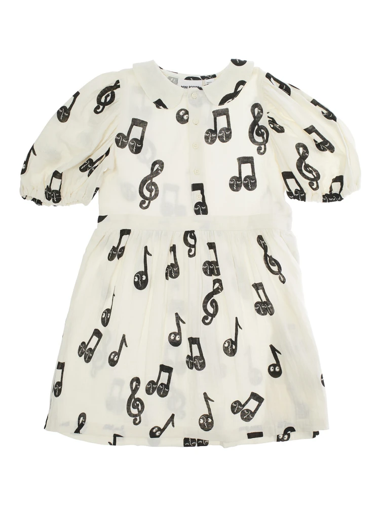 White Dress with All-Over Printed Musical Notes in Cotton Girl