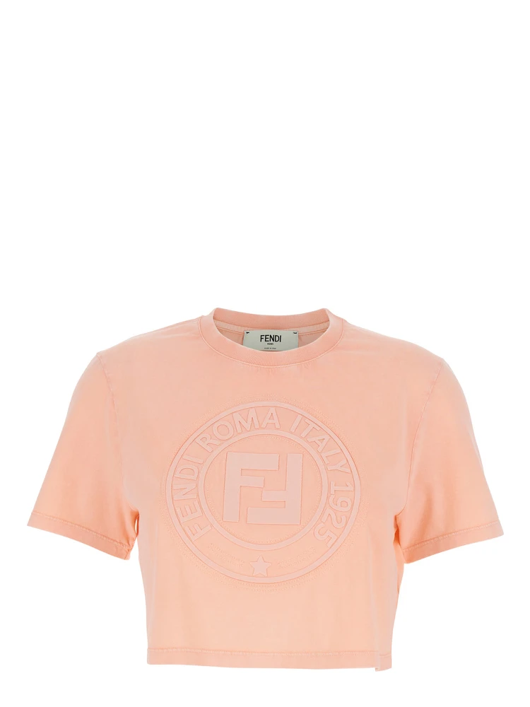 Pink T-shirt with Cropped Design and Raised Logo on the Front in Cotton Woman