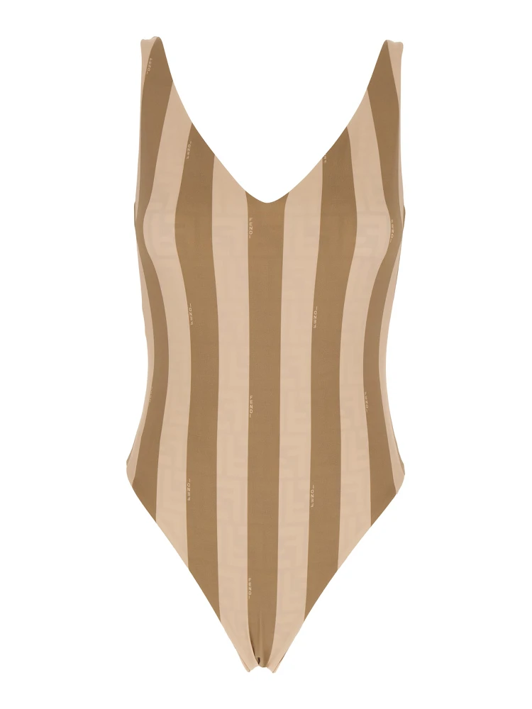 Beige Reversible Swimsuit with V Neck and All-Over Striped Motif in Tech Fabric Stretch Woman