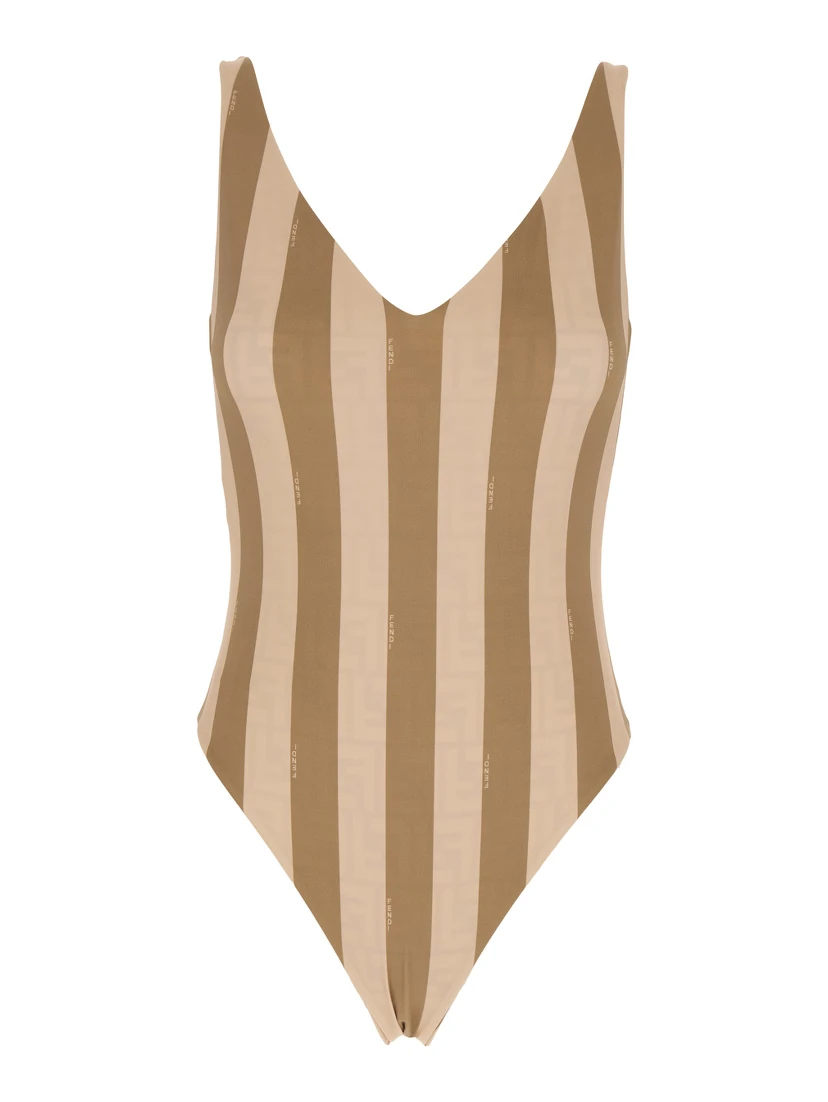 Beige Reversible Swimsuit with V Neck and All-Over Striped Motif in Tech Fabric Stretch Woman