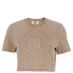 Beige T-shirt with Cropped Design and Raised Logo on the Front in Cotton Woman