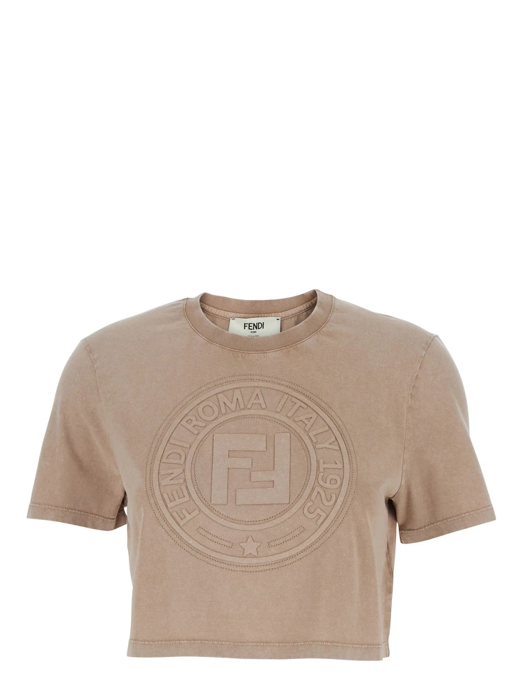 Beige T-shirt with Cropped Design and Raised Logo on the Front in Cotton Woman