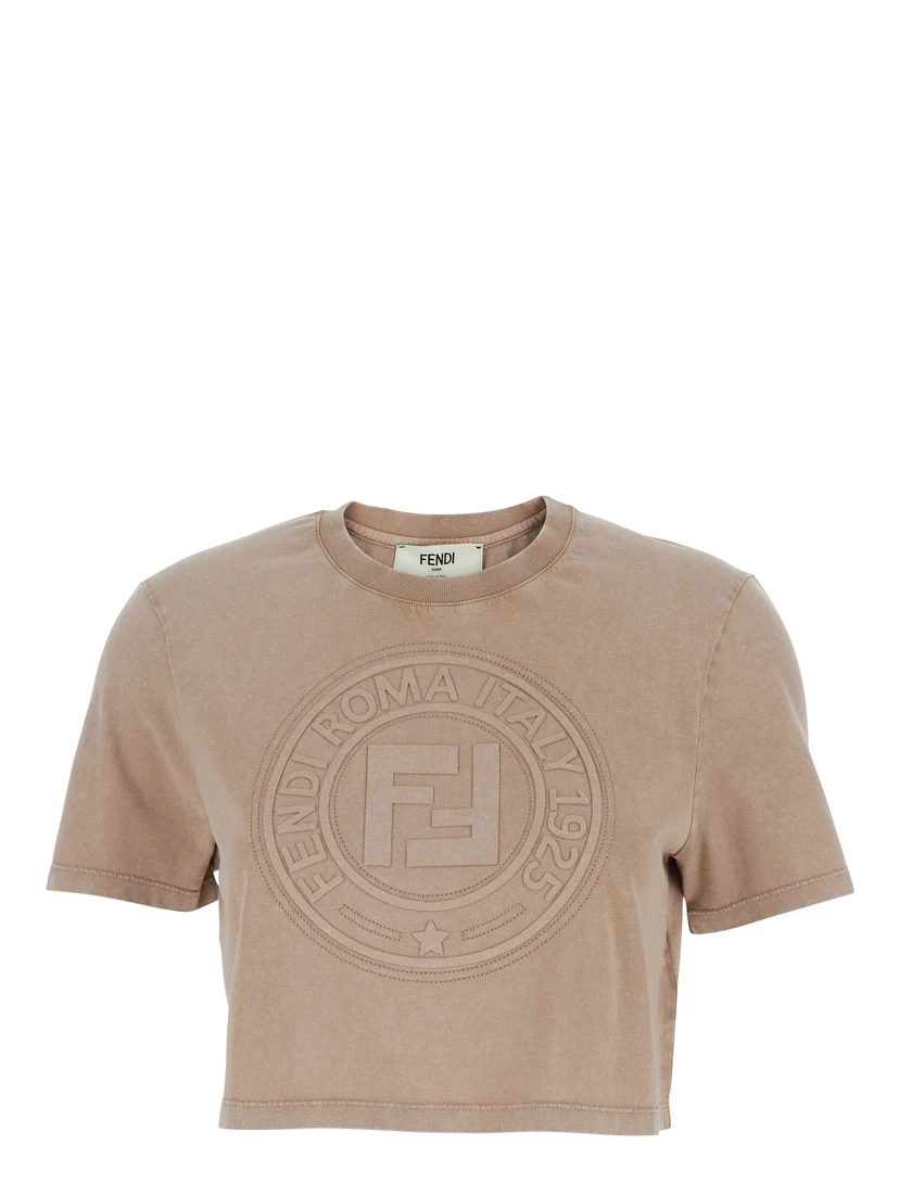 Beige T-shirt with Cropped Design and Raised Logo on the Front in Cotton Woman