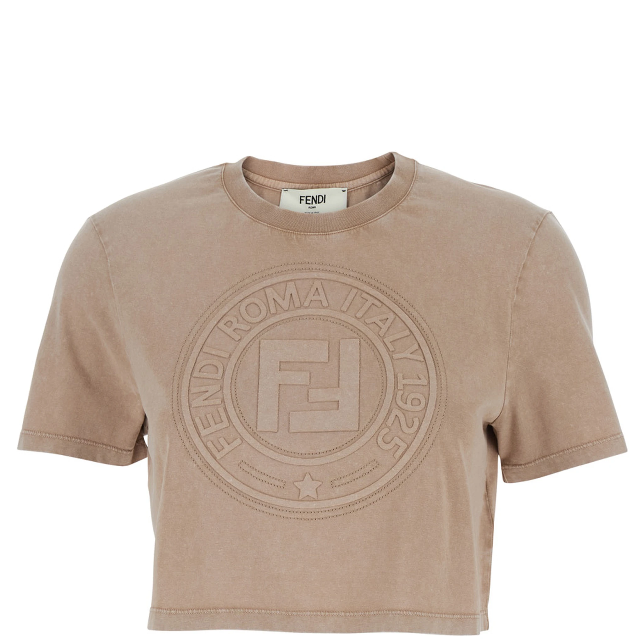 Beige T-shirt with Cropped Design and Raised Logo on the Front in Cotton Woman