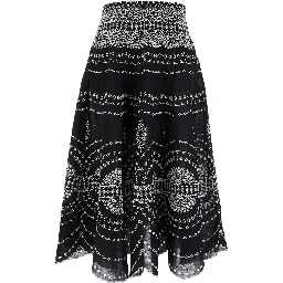Livvy Black Midi Skirt with Scallop Hem and All-Over Embroidery in Cotton nad Linen Blend Woman