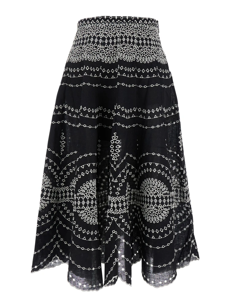 Livvy Black Midi Skirt with Scallop Hem and All-Over Embroidery in Cotton nad Linen Blend Woman