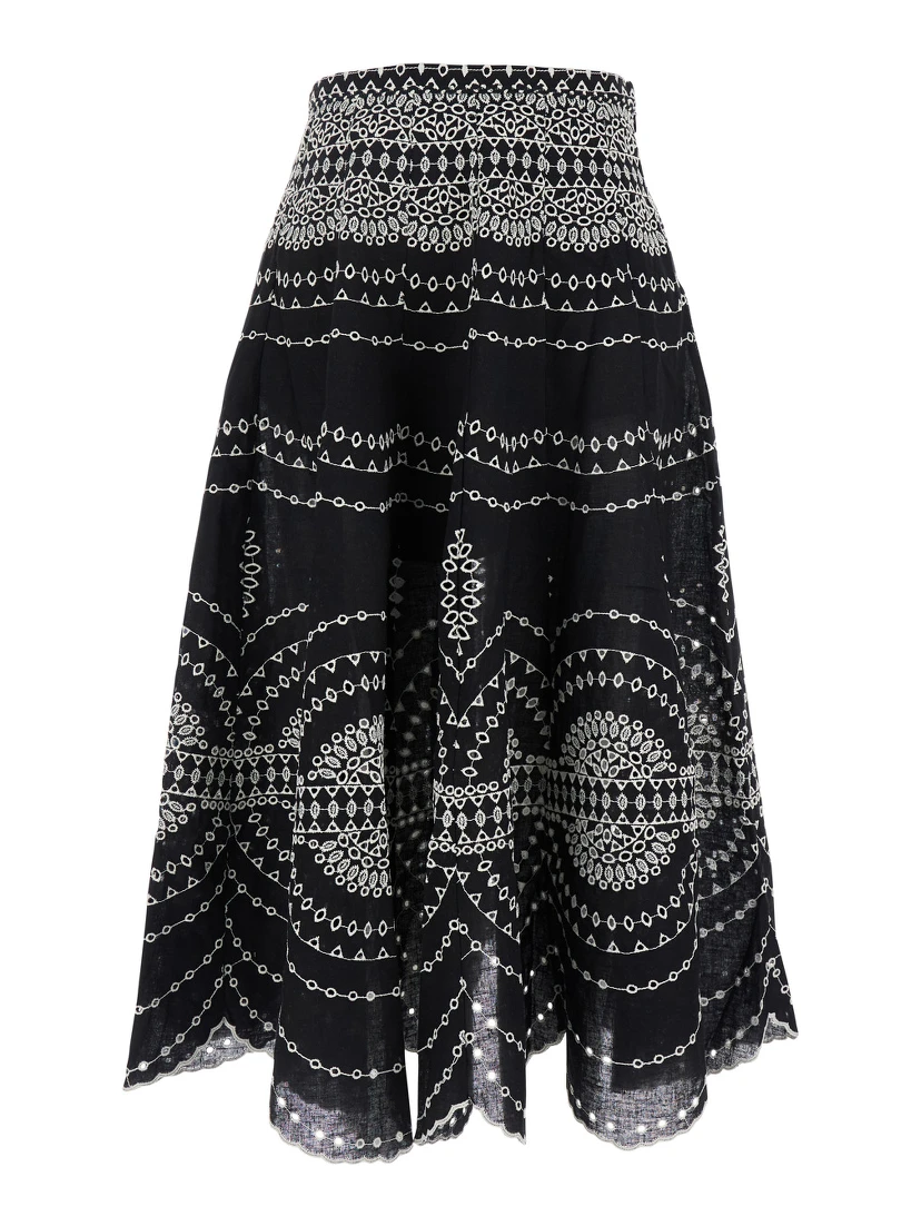 Livvy Black Midi Skirt with Scallop Hem and All-Over Embroidery in Cotton nad Linen Blend Woman