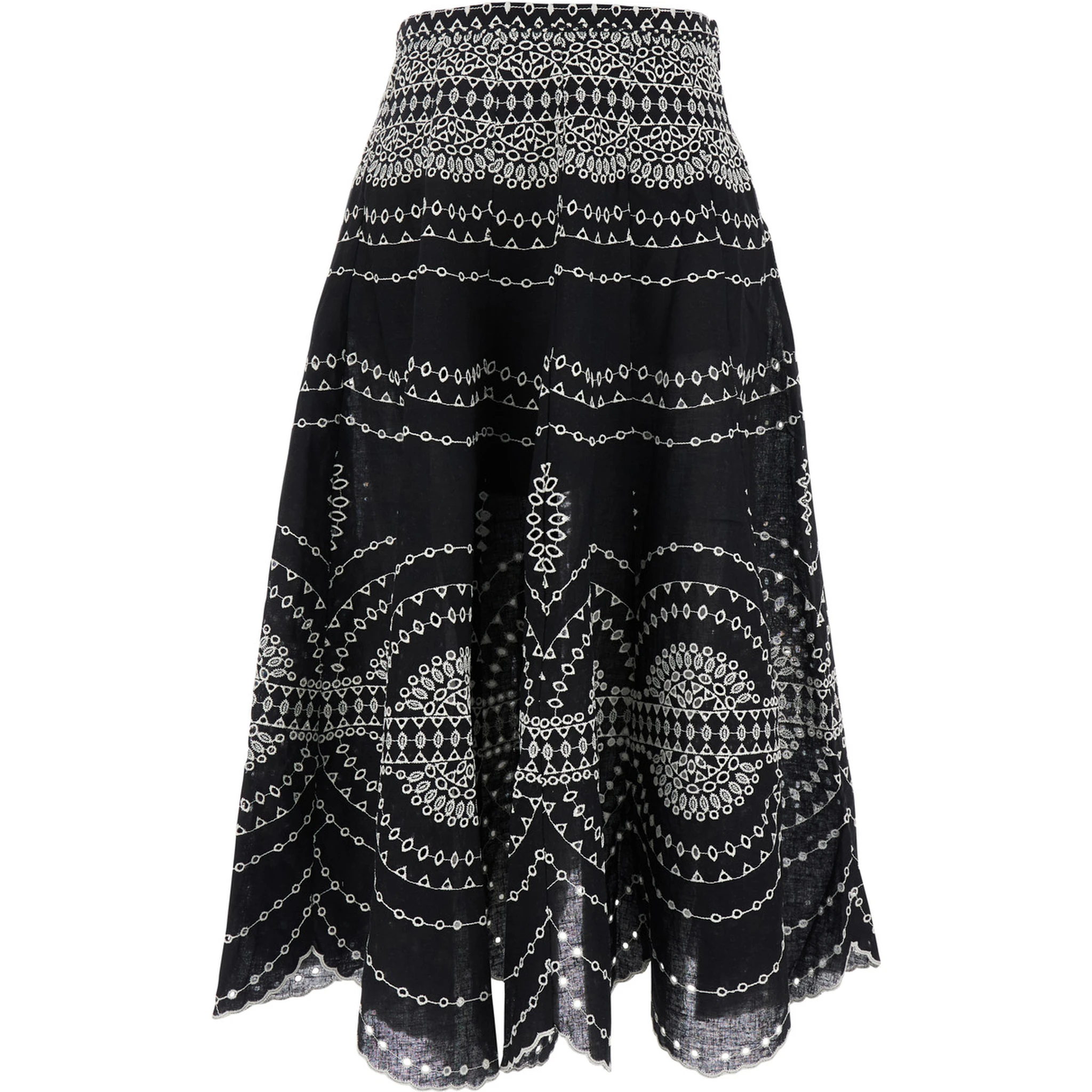 Livvy Black Midi Skirt with Scallop Hem and All-Over Embroidery in Cotton nad Linen Blend Woman