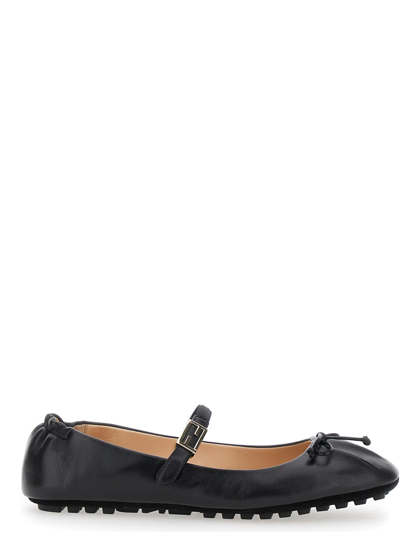 Black Ballerinas with Curled Heel and FF Logo Plaque on the Strap in Leather Woman
