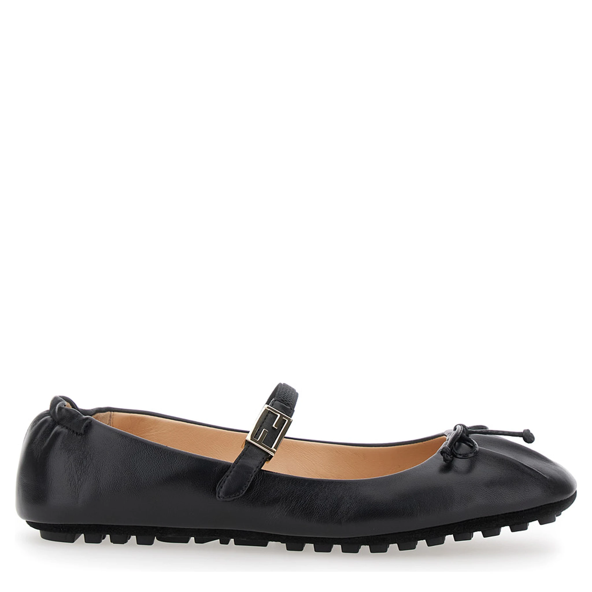 Black Ballerinas with Curled Heel and FF Logo Plaque on the Strap in Leather Woman
