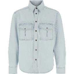 Light Blue Shirt with Chest Pockets and Logo Patch in Denim Man
