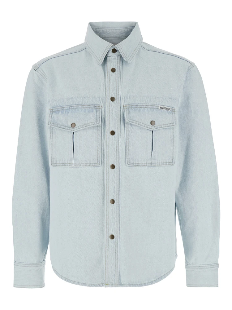 Light Blue Shirt with Chest Pockets and Logo Patch in Denim Man