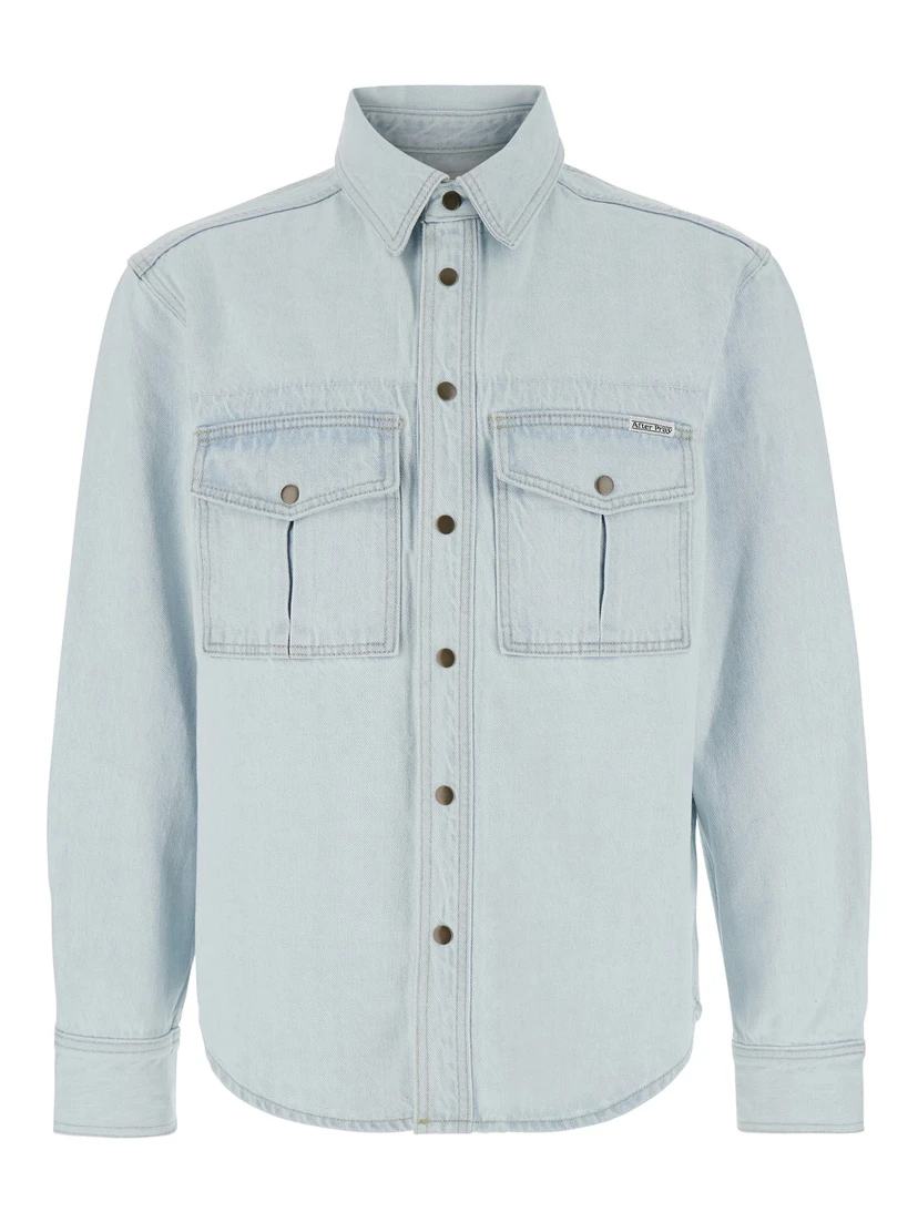 Light Blue Shirt with Chest Pockets and Logo Patch in Denim Man