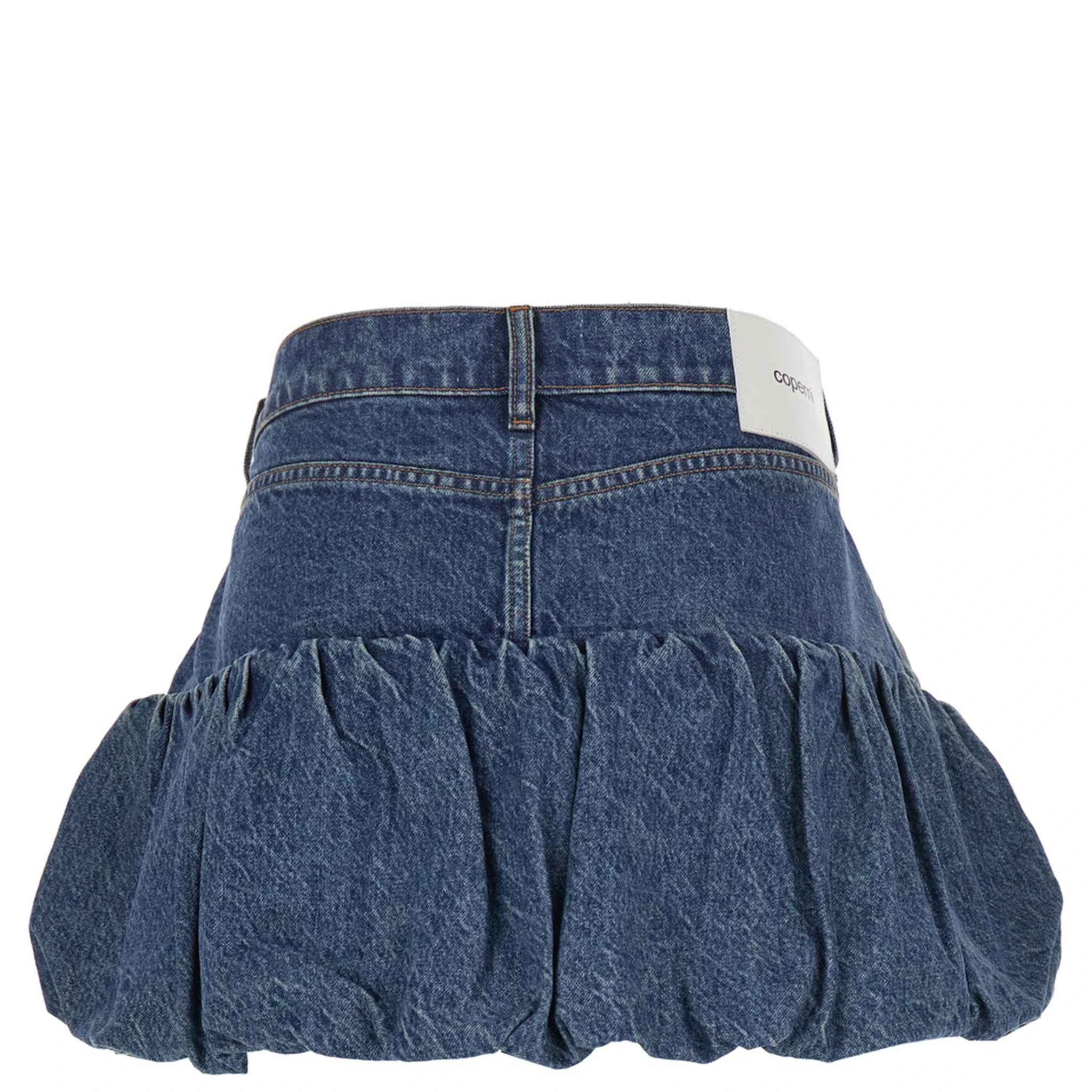 Blue Miniskirt with Logo Patch on the Rear and Gathered Hem in Denim Woman