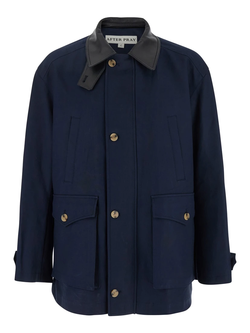 Blue Jacket with Leather Collar and Welt Chest Pockets in Cotton Man
