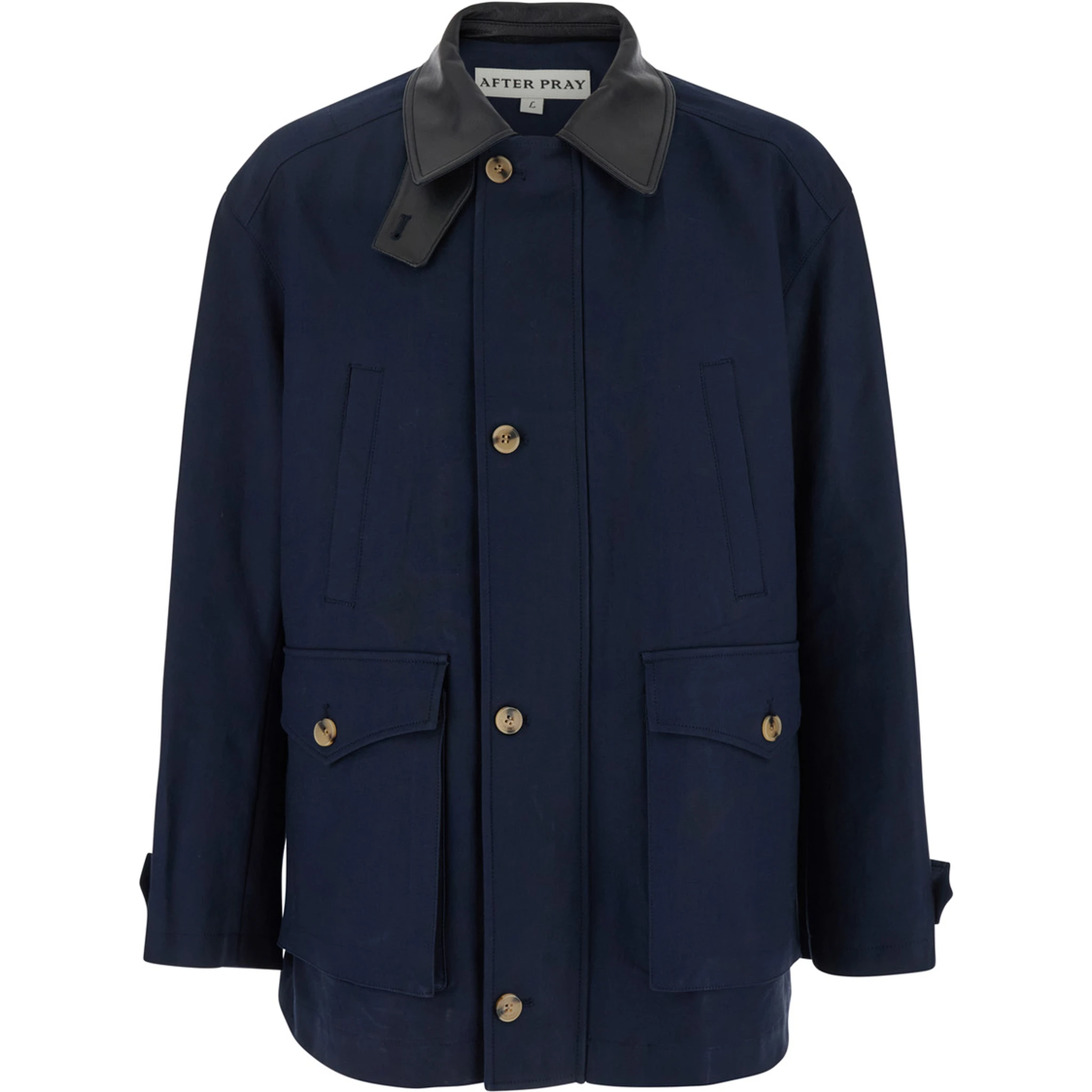Blue Jacket with Leather Collar and Welt Chest Pockets in Cotton Man