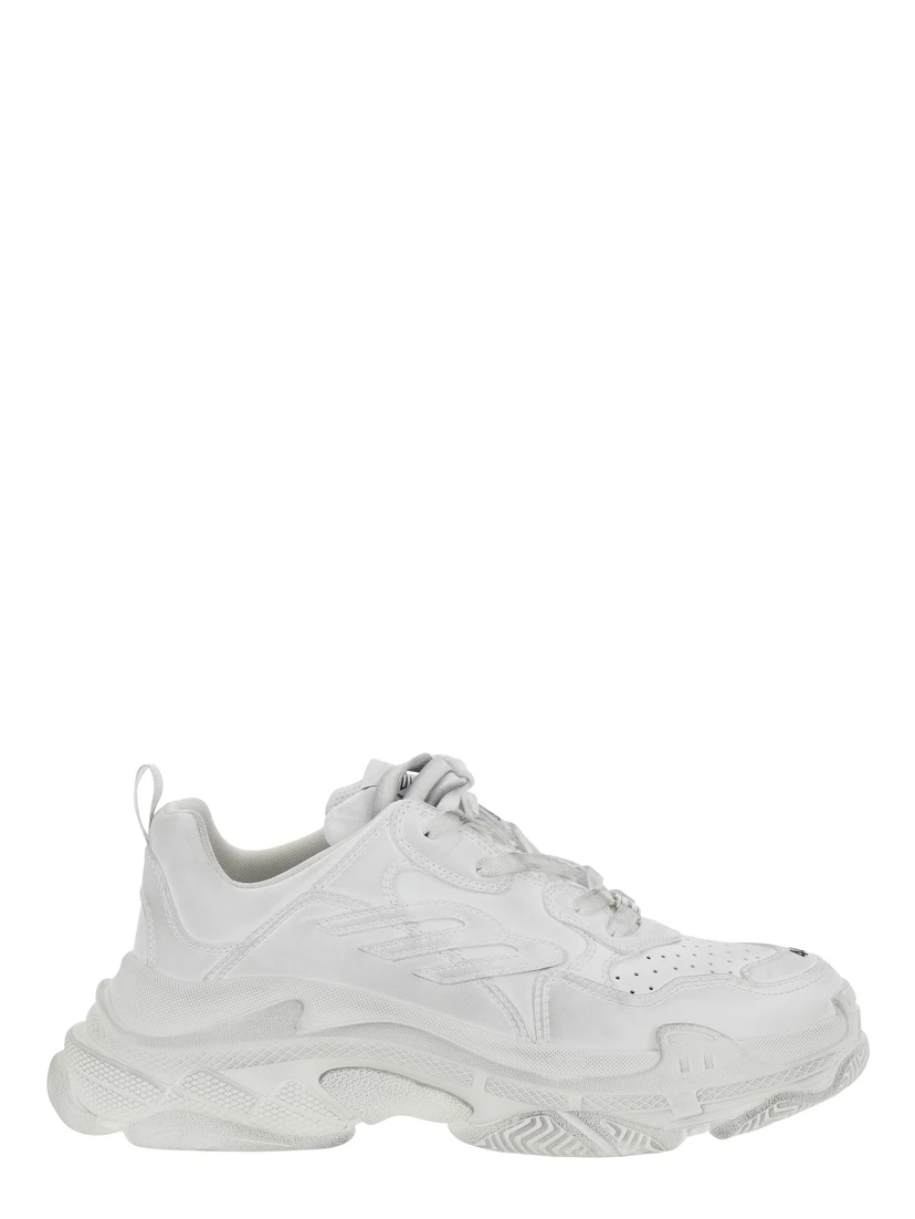 Triple S Sporty White Sneaker with 3B Logo Embroidered on the Side and Worn Effect in Tech Fabric Man
