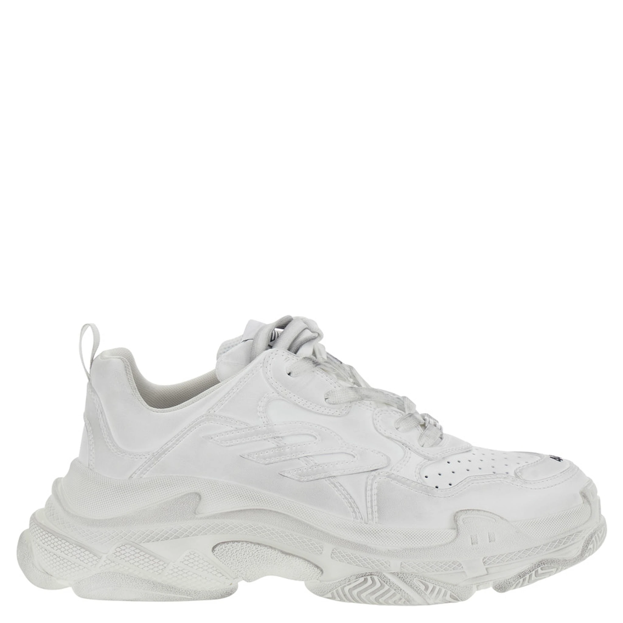 Triple S Sporty White Sneaker with 3B Logo Embroidered on the Side and Worn Effect in Tech Fabric Man