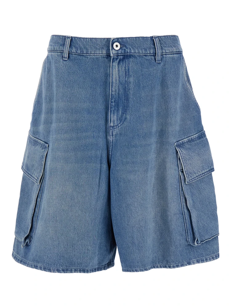 Light Blue Bermuda Shorts with Cargo Pockets and Logo Patch on the Back in Denim Man