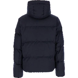 Antoldo Blue Down Jacket with Hood and Logo Patch in Wool Man