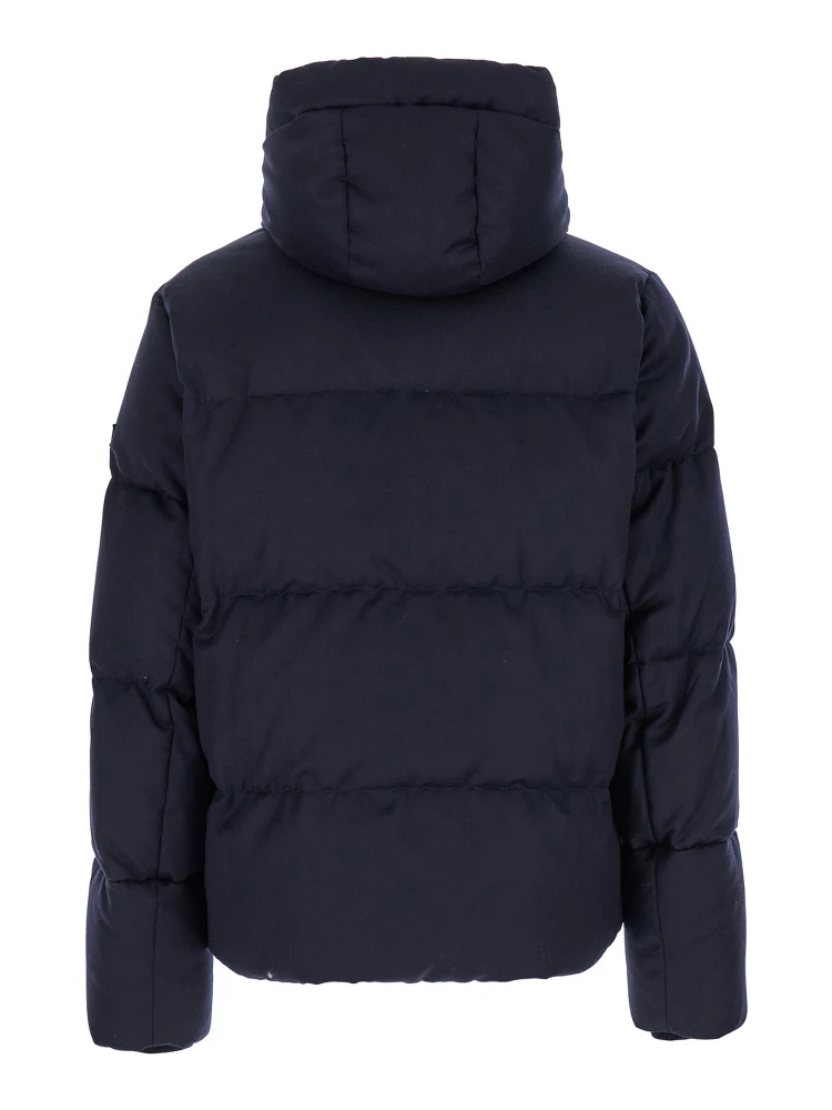 Antoldo Blue Down Jacket with Hood and Logo Patch in Wool Man alternative