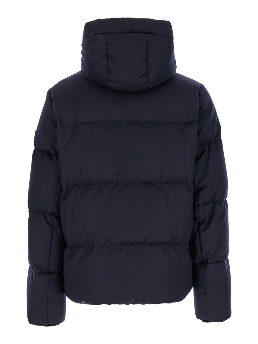 Antoldo Blue Down Jacket with Hood and Logo Patch in Wool Man